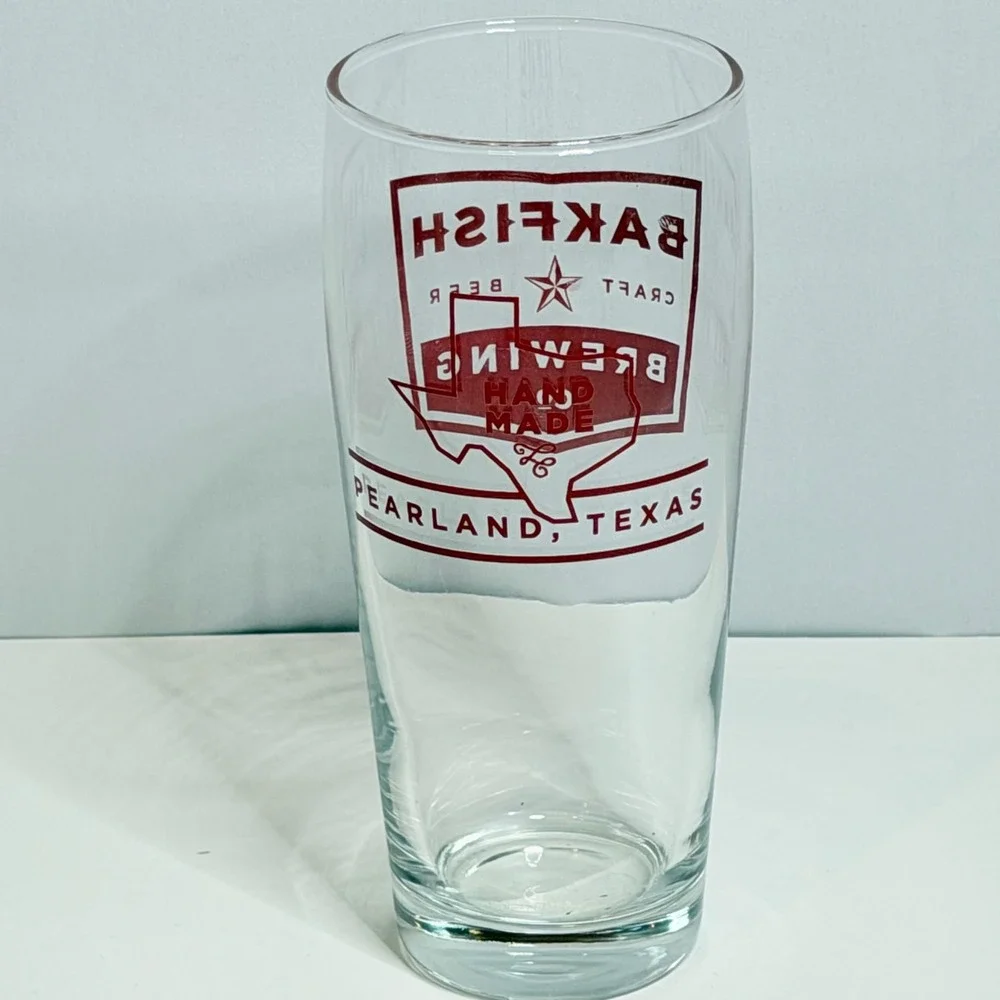 Retired Bakfish Brewing Pearland Texas Craft Beer Pint Glass Maroon Logo 6 Inch